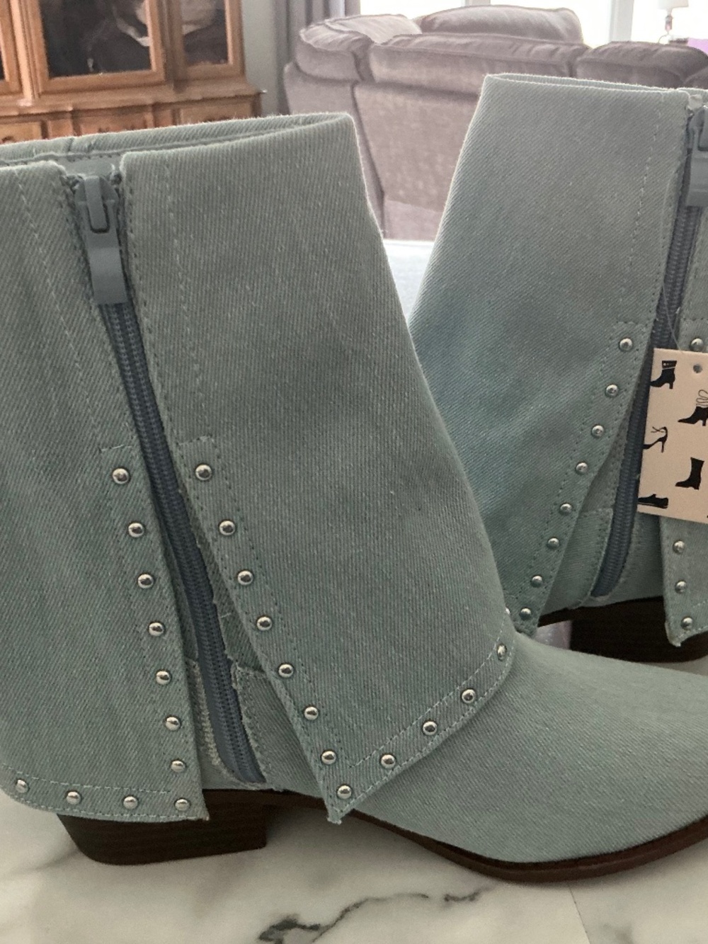 Beautiful light blue denim fold over boots
